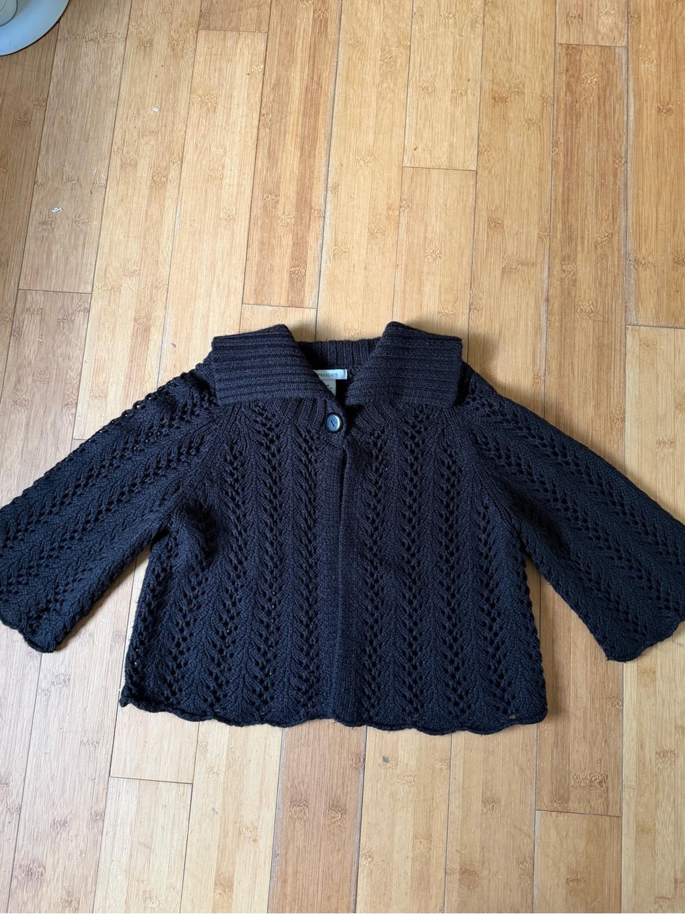 Vintage Black Pointelle Knit Collared Cardigan Sweater – Cropped Size M